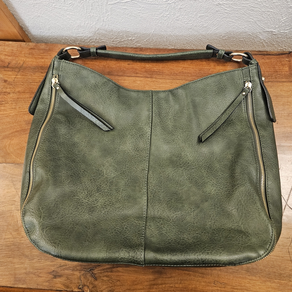 Unbranded‎ Green Leather Shoulder Bag Hobo Style Top Handle Purse Zipper Accents